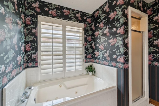 4113 Old Farm Rd, Oklahoma City, OK 73120 - bathroom with wallpapered walls, a shower stall, and a tub with jets