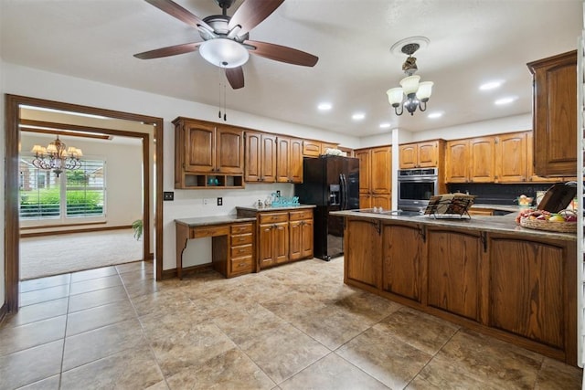 4113 Old Farm Rd, Oklahoma City, OK 73120 - kitchen with a chandelier, black fridge with ice dispenser, stainless steel oven, a peninsula, and brown cabinets