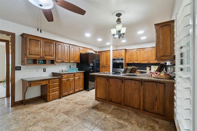 4113 Old Farm Rd, Oklahoma City, OK 73120 - kitchen with black fridge, a peninsula, brown cabinets, ceiling fan, and open shelves
