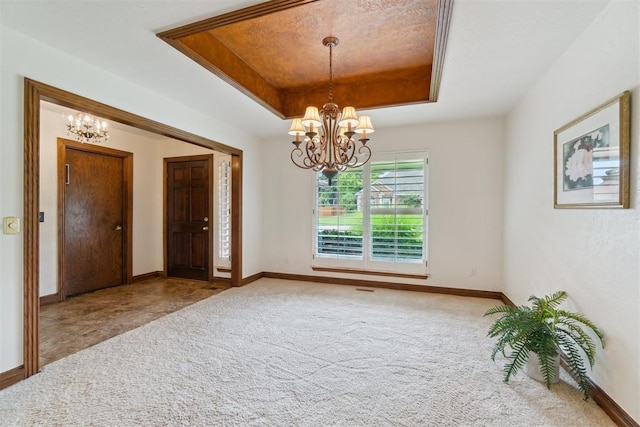 4113 Old Farm Rd, Oklahoma City, OK 73120 - unfurnished room featuring a chandelier, a raised ceiling, and carpet
