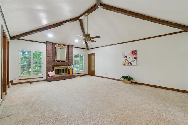 4113 Old Farm Rd, Oklahoma City, OK 73120 - unfurnished living room with carpet floors, ceiling fan, a brick fireplace, and ornamental molding