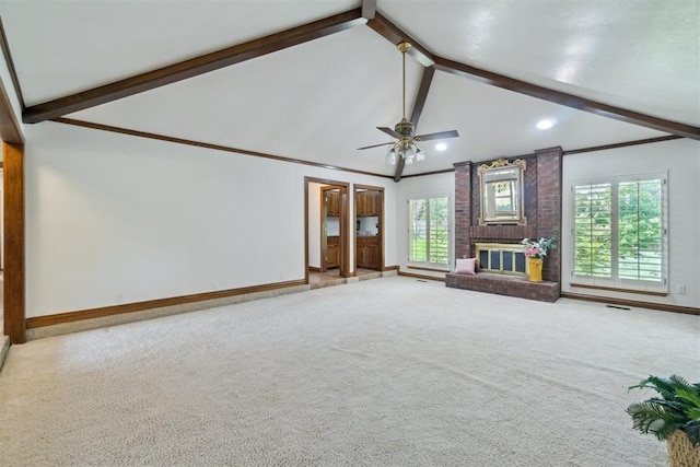 4113 Old Farm Rd, Oklahoma City, OK 73120 - unfurnished living room with carpet, a brick fireplace, and a ceiling fan