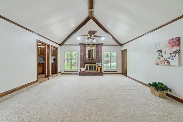 4113 Old Farm Rd, Oklahoma City, OK 73120 - unfurnished living room featuring light carpet, a ceiling fan, a fireplace, beamed ceiling, and high vaulted ceiling