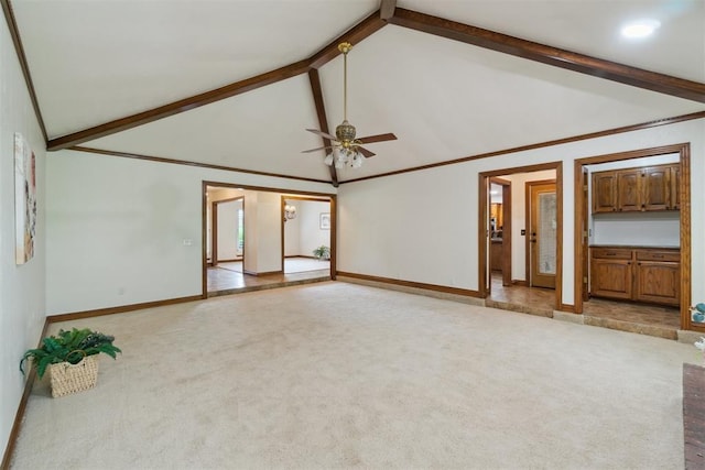 4113 Old Farm Rd, Oklahoma City, OK 73120 - empty room with carpet floors, ceiling fan, beamed ceiling, and high vaulted ceiling