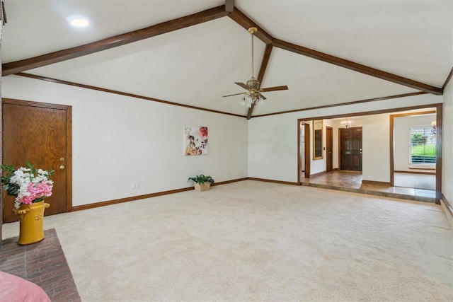 4113 Old Farm Rd, Oklahoma City, OK 73120 - unfurnished living room with ceiling fan, carpet flooring, beam ceiling, and high vaulted ceiling