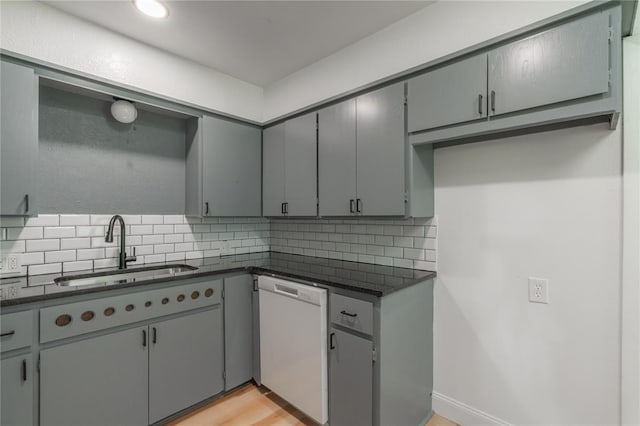 508 S Morrison Ave, El Reno, OK 73036 - kitchen with white dishwasher, a sink, gray cabinetry, and recessed lighting