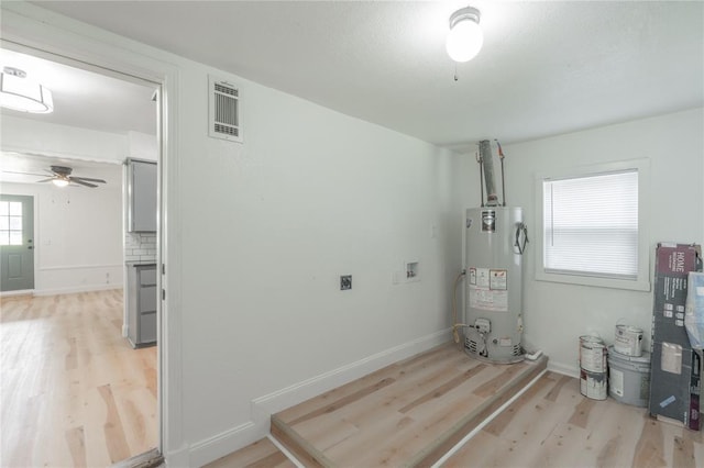 508 S Morrison Ave, El Reno, OK 73036 - laundry room featuring gas water heater, light wood finished floors, electric dryer hookup, hookup for a washing machine, and ceiling fan