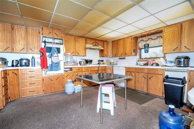 kitchen featuring under cabinet range hood, a paneled ceiling, white appliances, a sink, and light countertops