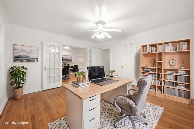 905 NE 21st St, Oklahoma City, OK 73105 - office featuring light wood-type flooring, a ceiling fan, french doors, baseboards, and crown molding