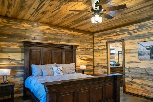 161 Champion Way, Broken Bow, OK 74728 - bedroom with wood ceiling, wooden walls, and concrete floors