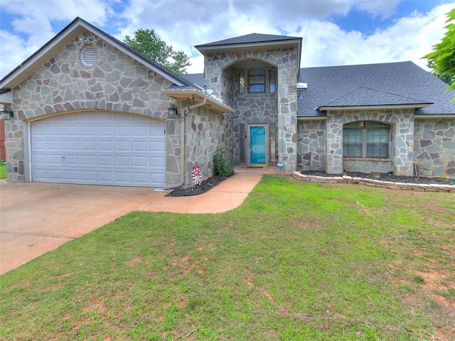 17612 Durbin Park Rd, Edmond, OK 73012 - view of front of home with stone siding, driveway, a front yard, a garage, and a shingled roof
