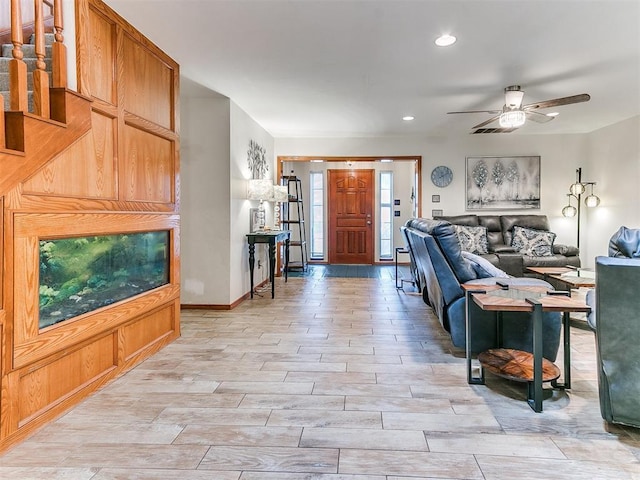17612 Durbin Park Rd, Edmond, OK 73012 - living room featuring a ceiling fan, recessed lighting, wood finish floors, and baseboards