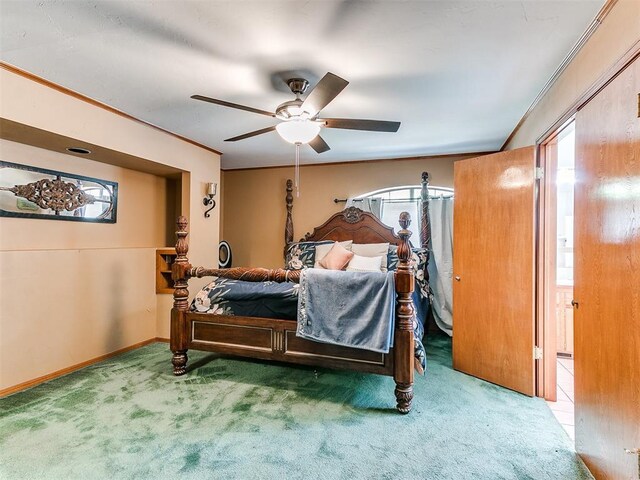 17612 Durbin Park Rd, Edmond, OK 73012 - bedroom with carpet flooring, crown molding, ceiling fan, and baseboards