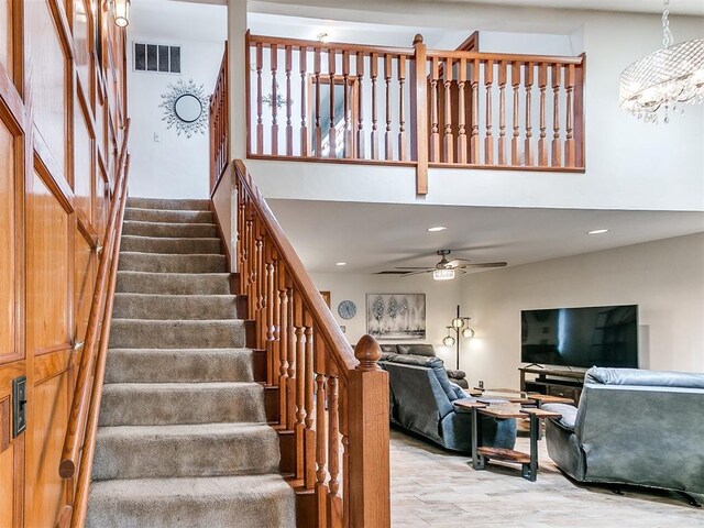 17612 Durbin Park Rd, Edmond, OK 73012 - staircase featuring a ceiling fan and recessed lighting