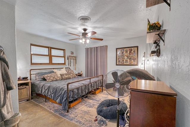 1301 Canterbury Blvd, Altus, OK 73521 - bedroom featuring a textured wall, concrete flooring, a textured ceiling, and ceiling fan