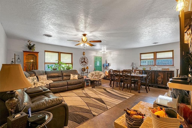 1301 Canterbury Blvd, Altus, OK 73521 - living room with a ceiling fan, a textured ceiling, and concrete floors