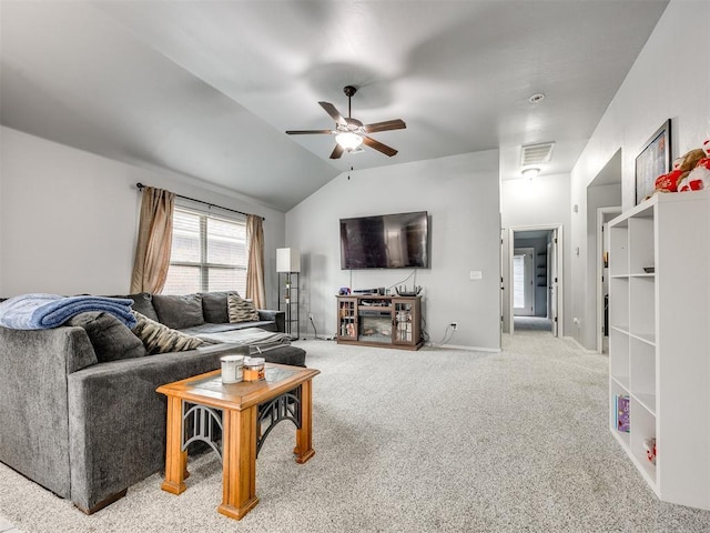 5805 Marblewood Dr, Oklahoma City, OK 73179 - carpeted living room with a ceiling fan and lofted ceiling