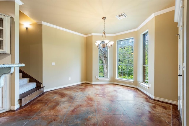 6373 Stone Valley Dr, Edmond, OK 73034 - spare room featuring plenty of natural light, a chandelier, crown molding, baseboards, and stairway