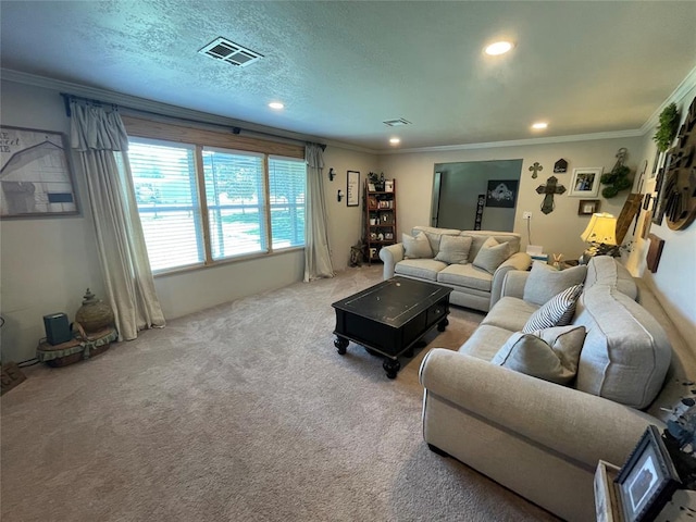 513 E Monroe St, Maud, OK 74854 - living room featuring crown molding, carpet floors, and recessed lighting