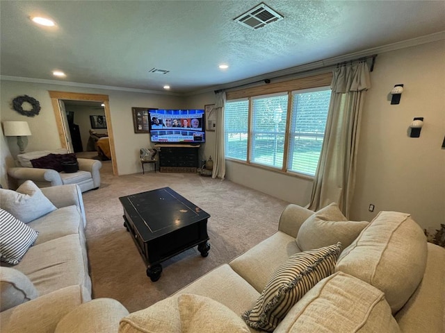 513 E Monroe St, Maud, OK 74854 - living area with recessed lighting, ornamental molding, and carpet