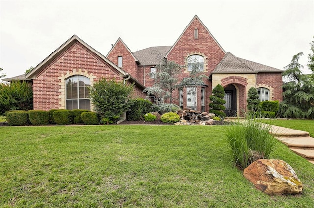 2617 Warwick Pl, Edmond, OK 73013 - view of front of house with brick siding, a front yard, and a shingled roof
