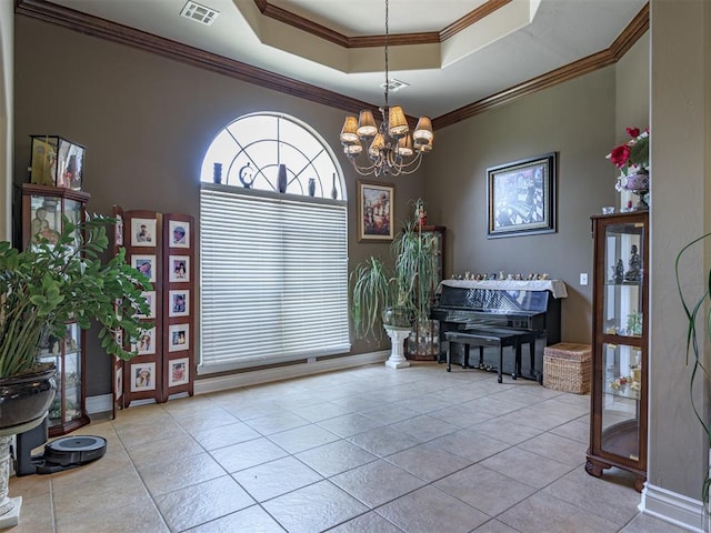 421 Meadow Run Ct, Yukon, OK 73099 - living area featuring a tray ceiling, tile patterned flooring, a chandelier, ornamental molding, and baseboards