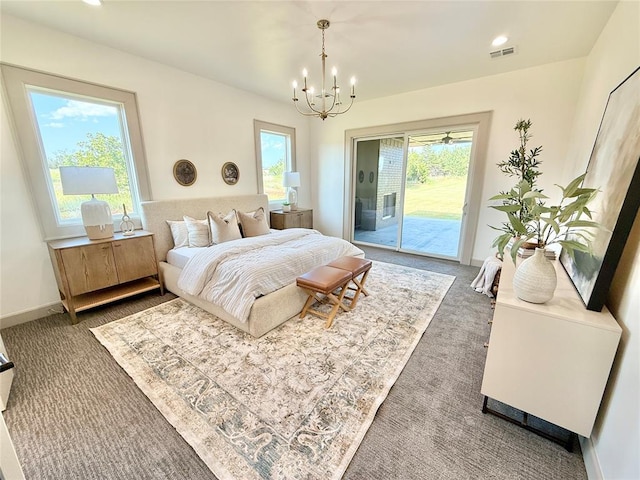 3320 Somerset Farms Rd, Newalla, OK 74857 - carpeted bedroom with access to exterior, a chandelier, recessed lighting, and baseboards