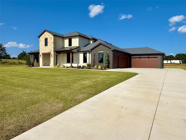 3320 Somerset Farms Rd, Newalla, OK 74857 - view of front of property featuring driveway, a garage, a front lawn, stone siding, and stucco siding