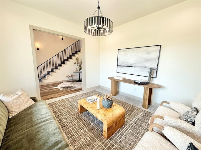 3320 Somerset Farms Rd, Newalla, OK 74857 - living room with stairway, a chandelier, and baseboards