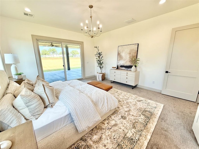 3320 Somerset Farms Rd, Newalla, OK 74857 - bedroom featuring access to outside, a chandelier, light carpet, baseboards, and recessed lighting