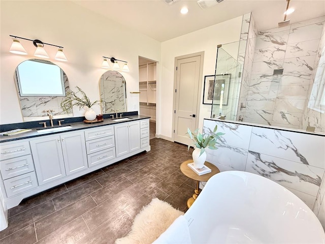 3320 Somerset Farms Rd, Newalla, OK 74857 - bathroom featuring a marble finish shower, a freestanding tub, and double vanity
