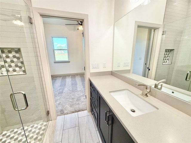 3320 Somerset Farms Rd, Newalla, OK 74857 - full bathroom with vanity, a shower stall, and a ceiling fan