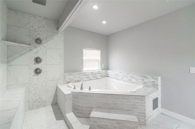 1217 SW 18th St, Oklahoma City, OK 73109 - bathroom featuring a bath, a tile shower, marble finish floors, and recessed lighting