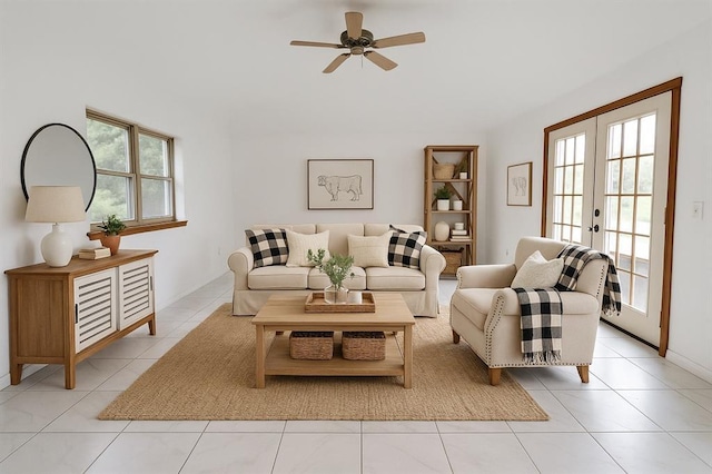 108174 N 3818th Rd, Okemah, OK 74859 - living area with ceiling fan, light tile patterned flooring, and french doors