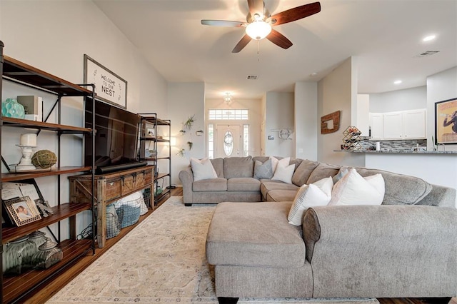 4236 Notting Hill Dr, Moore, OK 73160 - living room with a ceiling fan, wood finished floors, and recessed lighting