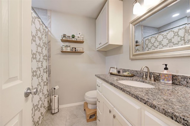 4236 Notting Hill Dr, Moore, OK 73160 - full bath with vanity, toilet, baseboards, and a shower with shower curtain