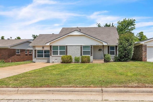 615 Ridgecrest Rd, Edmond, OK 73013 - ranch-style home with a front lawn, brick siding, a shingled roof, and covered porch