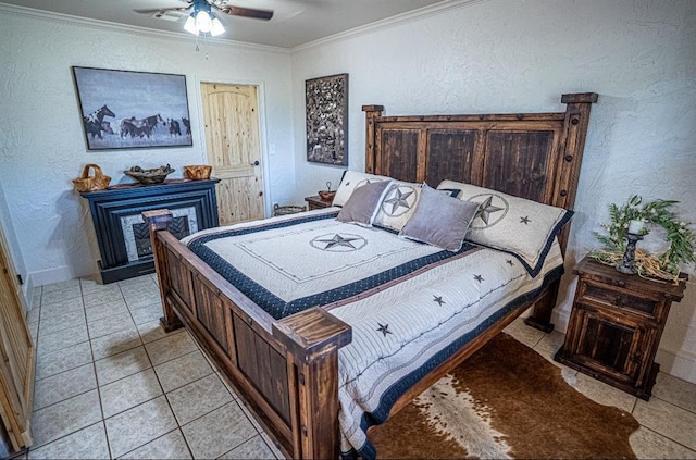 106049 N 3855-1 Rd, Weleetka, OK 74880 - bedroom with ornamental molding, a fireplace, light tile patterned floors, a textured wall, and ceiling fan