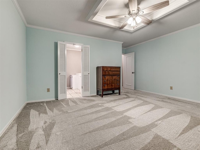 1320 Von Elm Pl, Yukon, OK 73099 - unfurnished bedroom with carpet, crown molding, baseboards, connected bathroom, and a ceiling fan