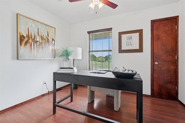 709 S Greengate Dr, Yukon, OK 73099 - office featuring ceiling fan and wood finished floors