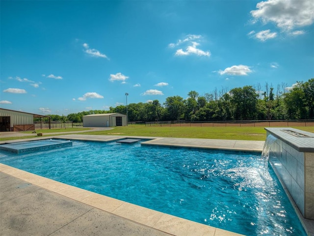 5021 SE 12th Ave, Washington, OK 73093 - view of swimming pool featuring a fenced backyard, a storage shed, and a pool with connected hot tub