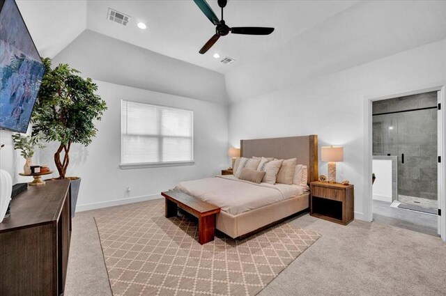 1049 Dorsi Way, Newcastle, OK 73065 - bedroom featuring vaulted ceiling, light colored carpet, recessed lighting, a ceiling fan, and ensuite bath