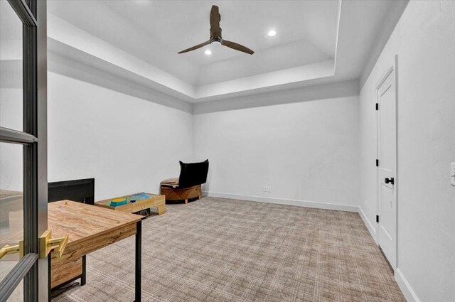 1049 Dorsi Way, Newcastle, OK 73065 - recreation room with a tray ceiling, ceiling fan, baseboards, recessed lighting, and carpet floors