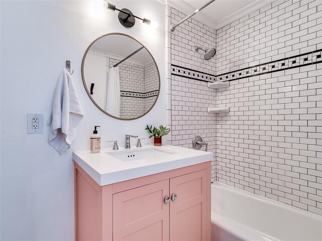 2647 NW 24th St, Oklahoma City, OK 73107 - bathroom with vanity, shower / bath combination with curtain, and ornamental molding