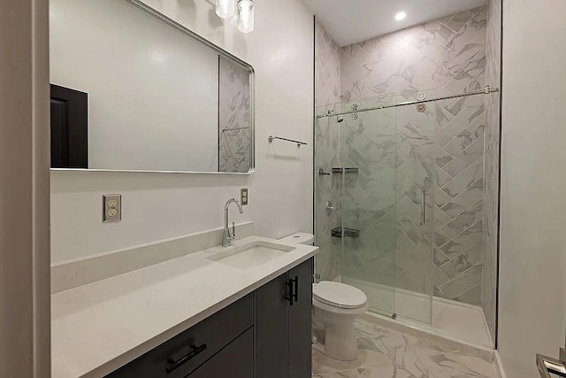 1533 NE 26th St, Oklahoma City, OK 73111 - bathroom featuring marble look tiles, a stall shower, vanity, and recessed lighting