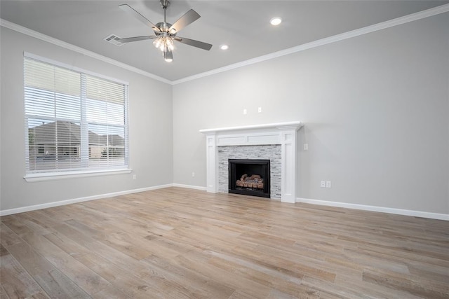 14128 Hamlet Way, Piedmont, OK 73078 - unfurnished living room featuring crown molding, light wood-style flooring, a ceiling fan, baseboards, and recessed lighting