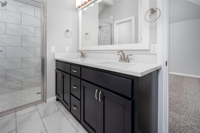 14128 Hamlet Way, Piedmont, OK 73078 - bathroom with double vanity, a tile shower, and baseboards