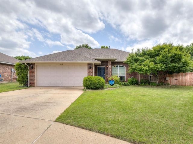 1816 Concord Pl, Norman, OK 73071 - ranch-style home with brick siding, an attached garage, concrete driveway, and a shingled roof