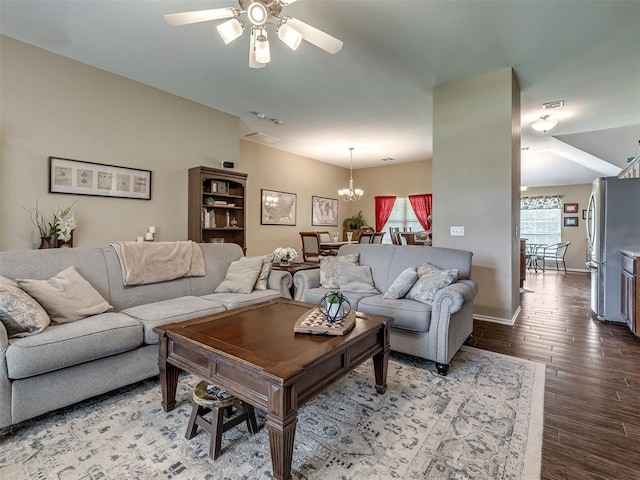 1816 Concord Pl, Norman, OK 73071 - living area featuring ceiling fan, wood finished floors, a chandelier, and baseboards