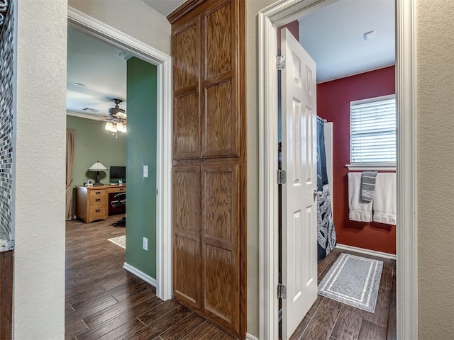 1816 Concord Pl, Norman, OK 73071 - hall featuring dark wood-type flooring, baseboards, and an office area